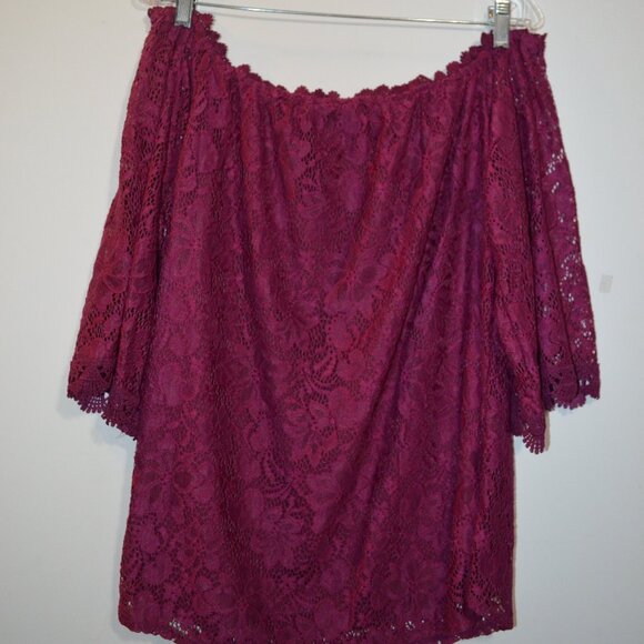 OURS Wine Red Lace Floral Open Shoulders Bohemian Style Silky Lining Blouse L - Picture 3 of 10